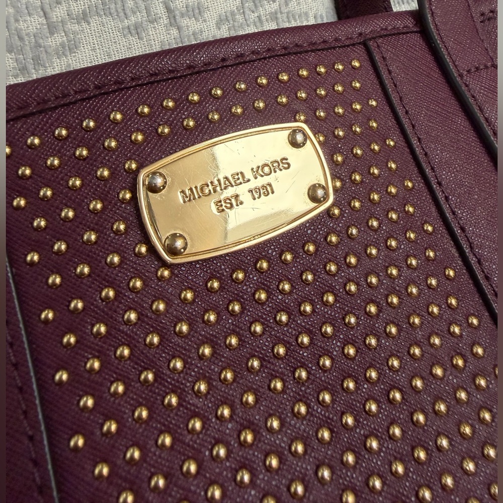 Michael Kors Plum Saffiano Tote with Gold Stud Accents - Picture 2 of 4